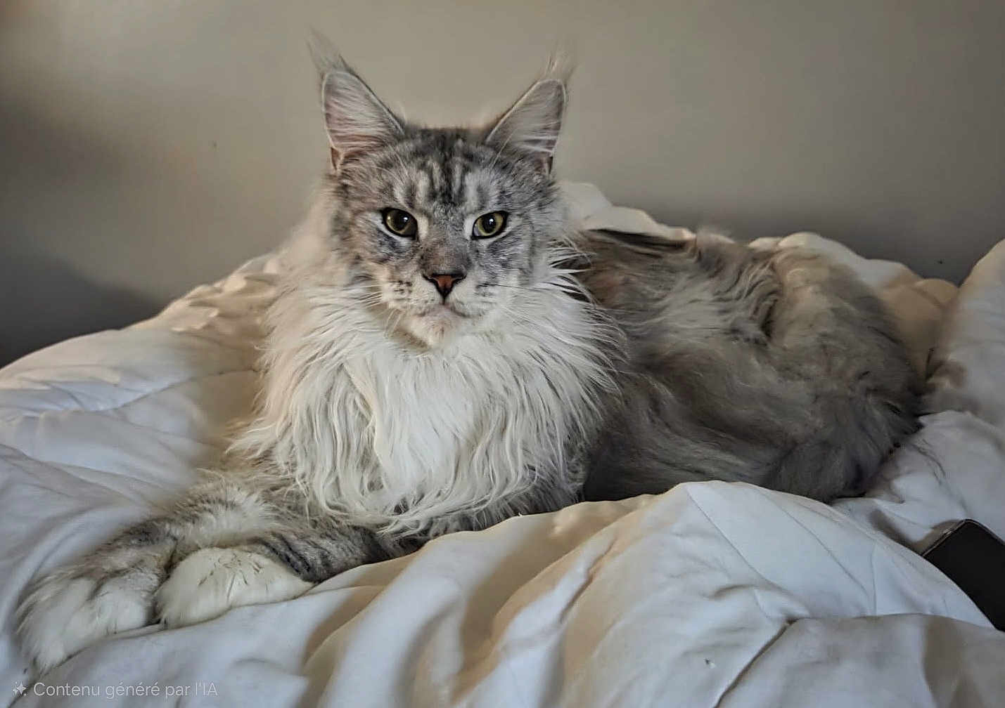 Aslan a rejoint le concours — aidez-le/la à gagner de superbes lots ! cat, long_hair, pet, feline, bed, white_bedspread, indoor, relaxed, fluffy, animal, resting, cute, domestic, mammal, whiskers, paws, ears, fur, laying, portrait