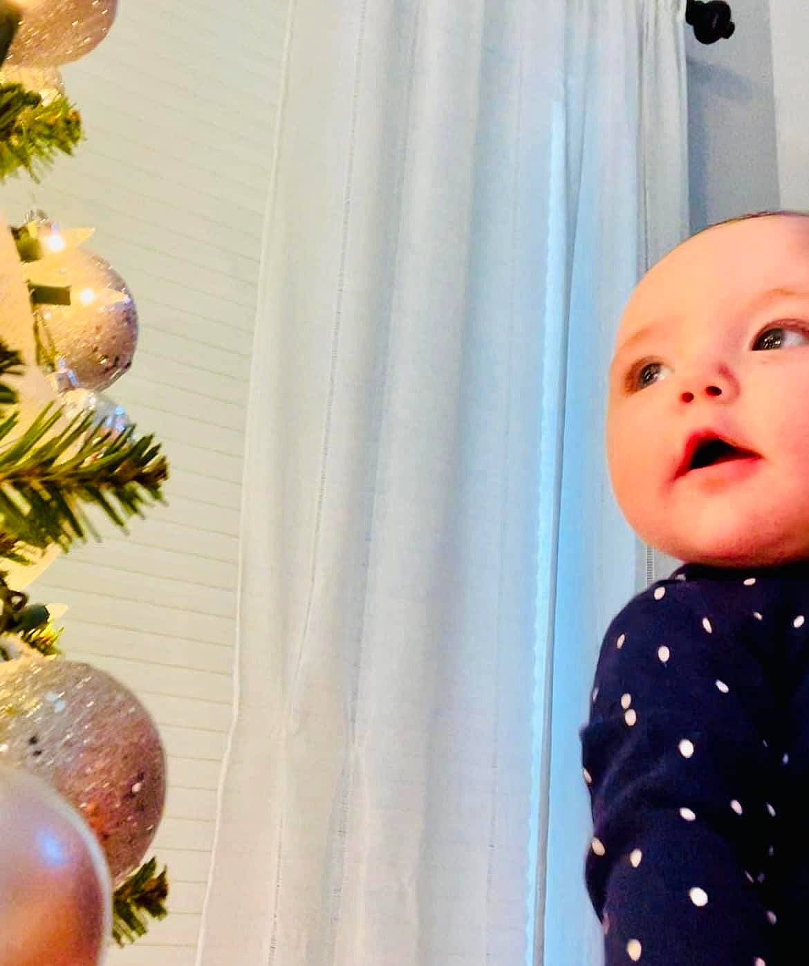 Kaycee Maria Grace joined the competition — help win amazing prizes! baby, baby_toddler_clothing, christmas_decoration, christmas_ornament, conifer, curtain, event, evergreen, fashion_accessory, formal_wear, happy, holiday_ornament, ornament, pattern, person, plant, sleeve, toddler, tree, twig