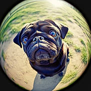 Maely participe au concours pour gagner de l'argent avec cette photo : dog, pug, fisheye_lens, wide_angle, outdoor, grass, sunlight, pet, animal, close_up, cute, black_dog, portrait, fur, whiskers, nose, ears, shadow, daytime, funny