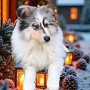 Arrow a rejoint le concours — aidez-le/la à gagner de superbes lots ! animal, blurred_background, cabin, candle, christmas_tree, cozy, decorations, dog, festive, fluffy, frost, holiday, lantern, lights, nature, outdoor, pet, pinecones, snow, winter