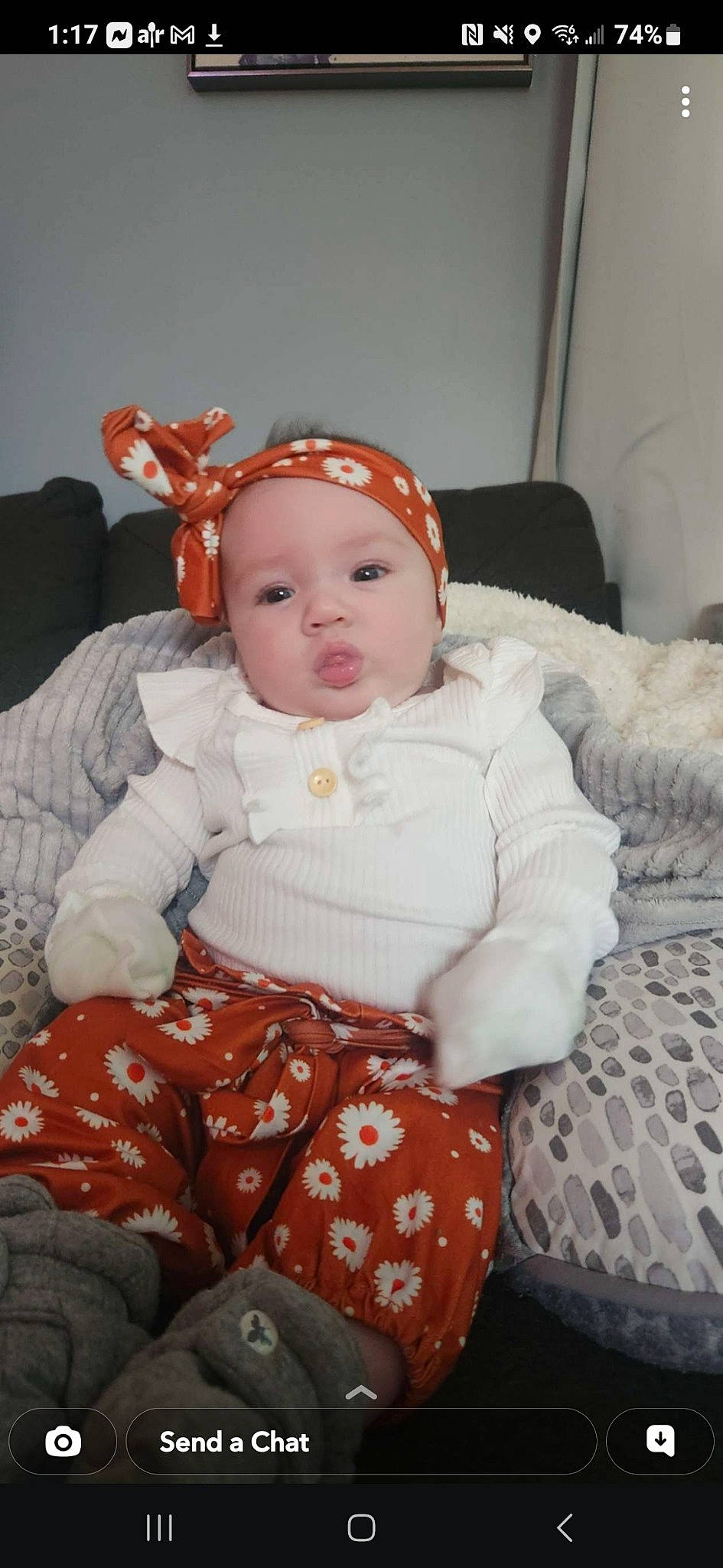 Melody joined the competition — help win amazing prizes! baby, baby_toddler_clothing, cheek, child, clothing, comfort, eye, facial_expression, fashion_accessory, fun, hairstyle, head, headband, headwear, iris, pattern, person, room, sitting, skin