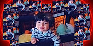 Gino is registered to the contest to win money with this photo: child, toddler, smile, collage, heart_shape, striped_shirt, plush_toy, portrait, duplication, sparkles, red_background, black_background, indoor, baby, cute, thumbnail, centerpiece, rail, joyful, pattern