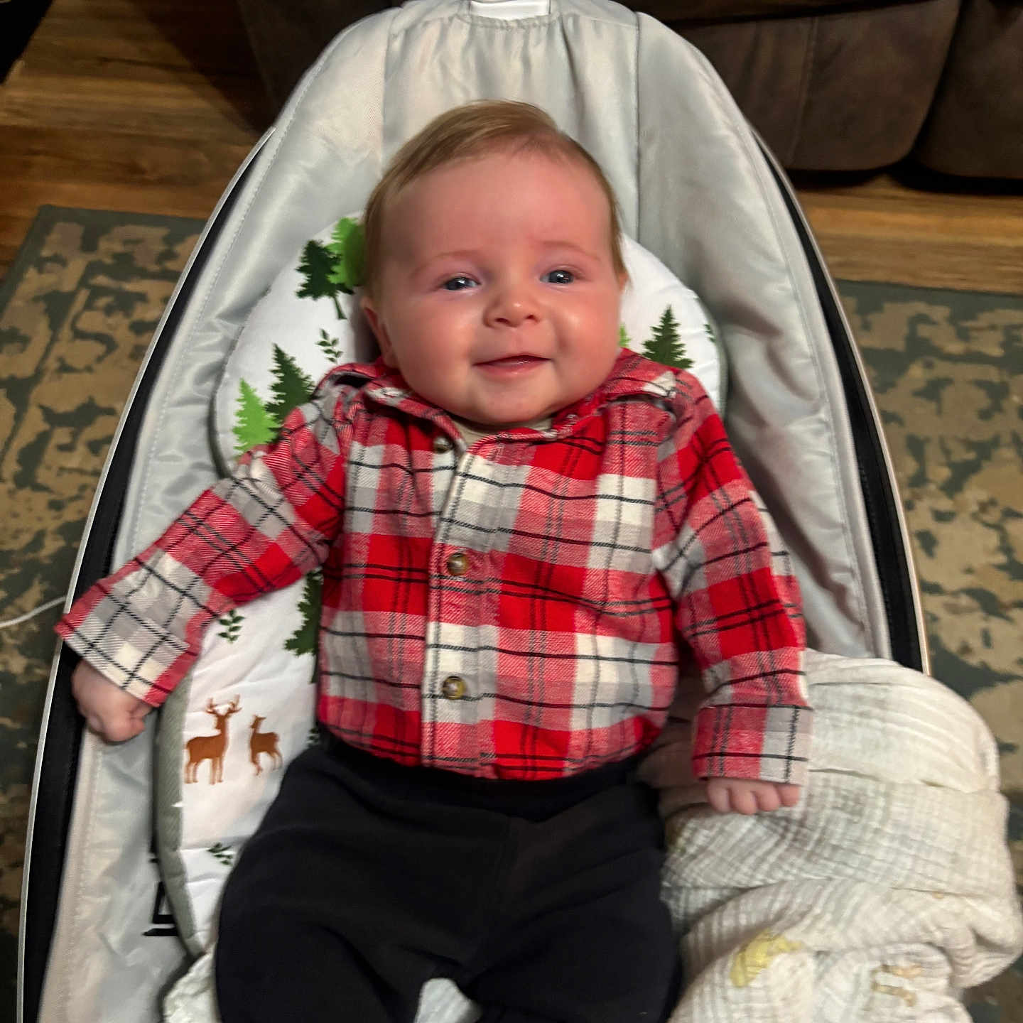 Gunner is registered to the contest to win money with this photo: baby, infant, smiling, plaid_shirt, black_pants, baby_rocker, blanket, forest_pattern, deer_pattern, carpet, couch, wood_floor, indoor, child, happy, portrait, seated, cozy, cute, person
