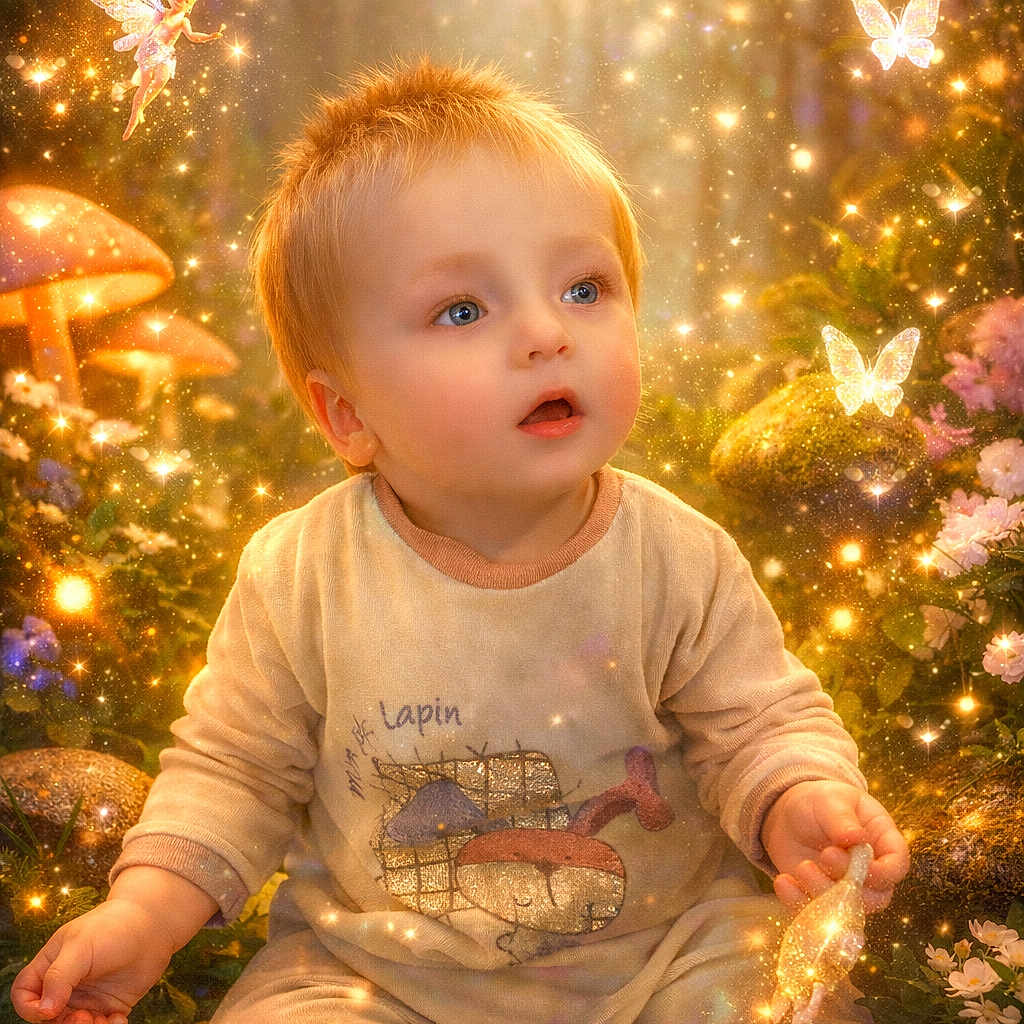 ézio a rejoint le concours — aidez-le/la à gagner de superbes lots ! butterfly, child, cute, enchanted, fairy, fantastical, fantasy, flowers, forest, glowing, light, magic, mushroom, nature, portrait, sitting, sparkle, toddler, whimsical, young_child