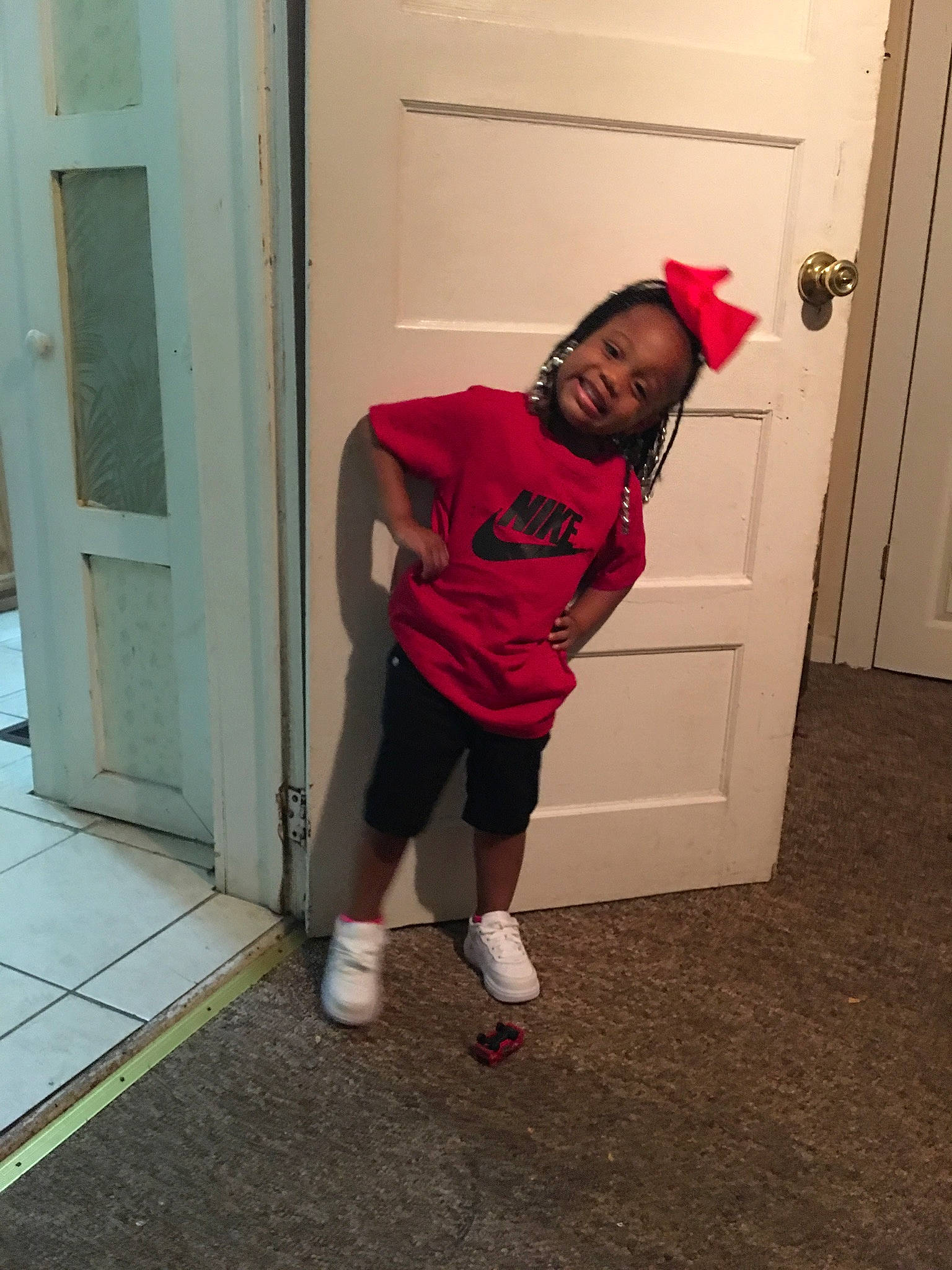 Malayah joined the competition — help win amazing prizes! footwear, fun, hip, joint, joy, knee, leg, magenta, person, pink, red, shoe, shoulder, standing, t_shirt