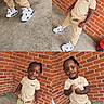toddler, child, brick_wall, outdoor, sneakers, white_shoes, beige_clothing, pants, tshirt, standing, smiling, happy, playful, person, young_child, fashion, casual_wear, concrete_floor, portrait, cute
