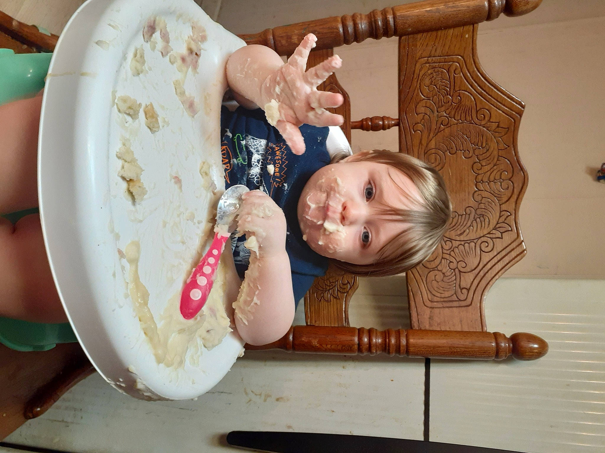 Sunny joined the competition — help win amazing prizes! baby, baby_grabbing_for_something, baby_toddler_clothing, blond, ceramic, child, child_model, dishware, hand, hardwood, kitchen_utensil, nail, person, plate, platter, porcelain, toddler, varnish, wood, wood_stain