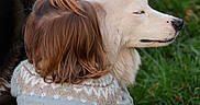 Mäyrä a rejoint le concours — aidez-le/la à gagner de superbes lots ! affection, animal, calm, child, child_back, cute, dog, fall, friendship, grass, greenery, hug, love, nature, outdoor, pet, sweater, tenderness, warm_clothing, white_dog