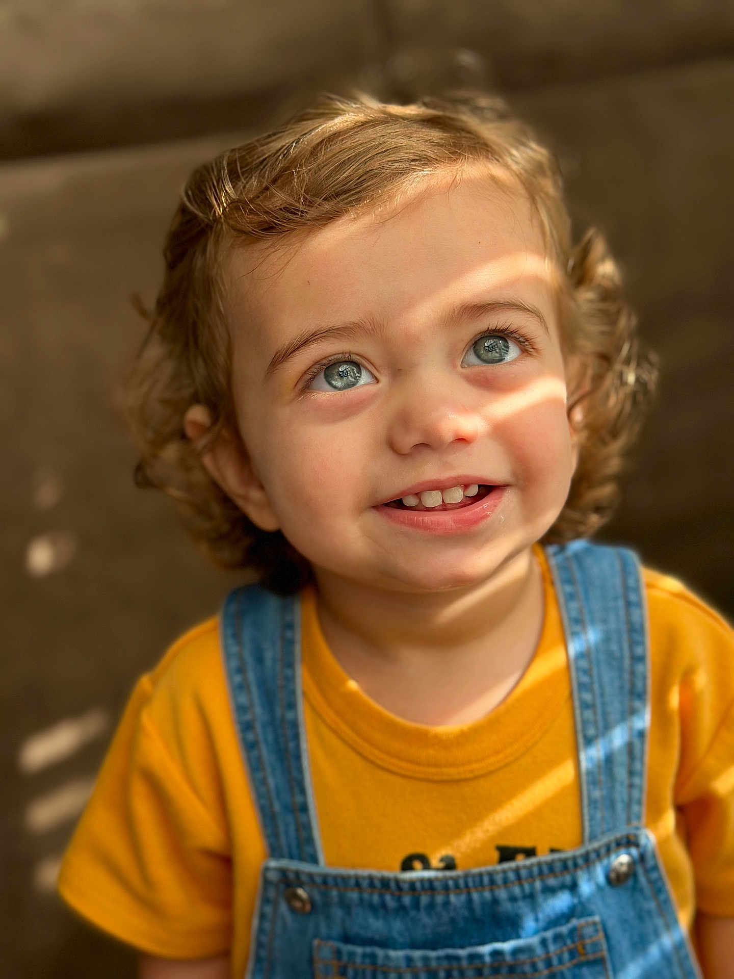 Bryan is registered to the contest to win money with this photo: toddler, child, smile, curly_hair, blue_eyes, yellow_shirt, denim_overalls, portrait, sunlight, indoor, happy, cute, young_child, face, person, clothing, casual, expression, closeup, baby