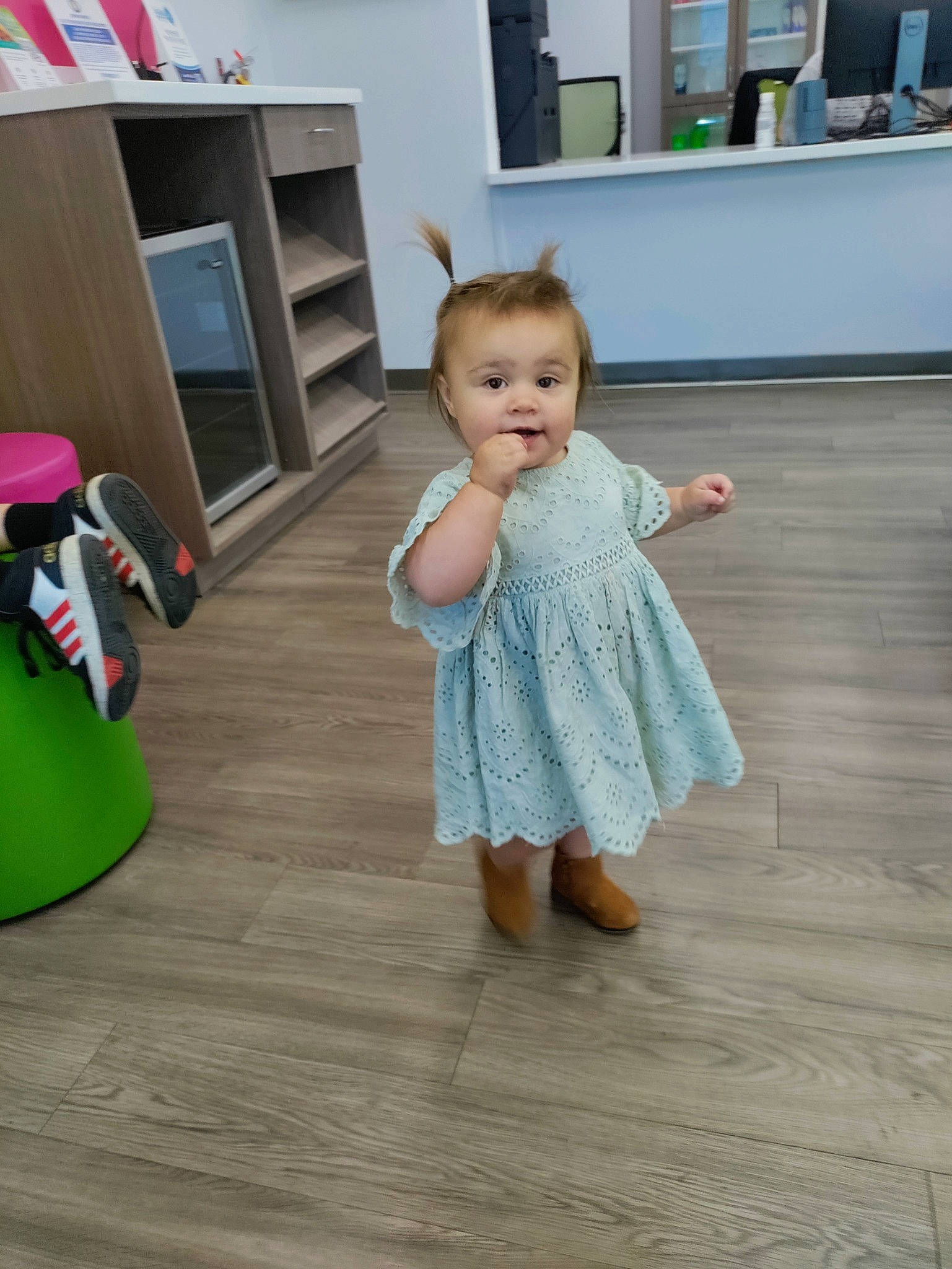 Addilynn joined the competition — help win amazing prizes! baby, baby_toddler_clothing, child, door, floor, flooring, foot, fun, hardwood, human_leg, laminate_flooring, person, play, room, sitting, sleeve, standing, toddler, varnish, wood