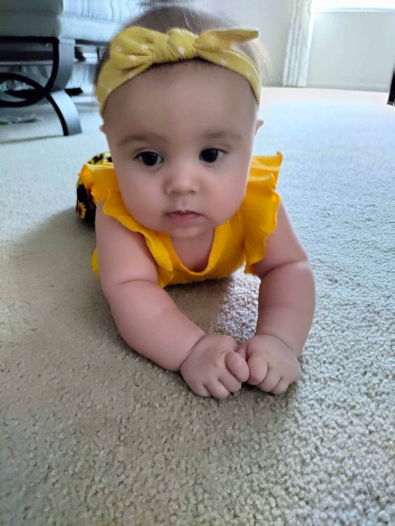 Addilynn joined the competition — help win amazing prizes! baby, baby_toddler_clothing, cheek, child, computer_keyboard, eye, face, finger, floor, flooring, fun, hair, hand, head, kitchen_appliance, person, skin, sleeve, thumb, toddler