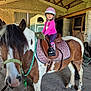 Hel participe au concours pour gagner de l'argent avec cette photo : child, toddler, horse, barn, helmet, riding, animal, pet, smile, happy, indoor, stable, saddle, pink, brown, white, clothing, footwear, rope, person