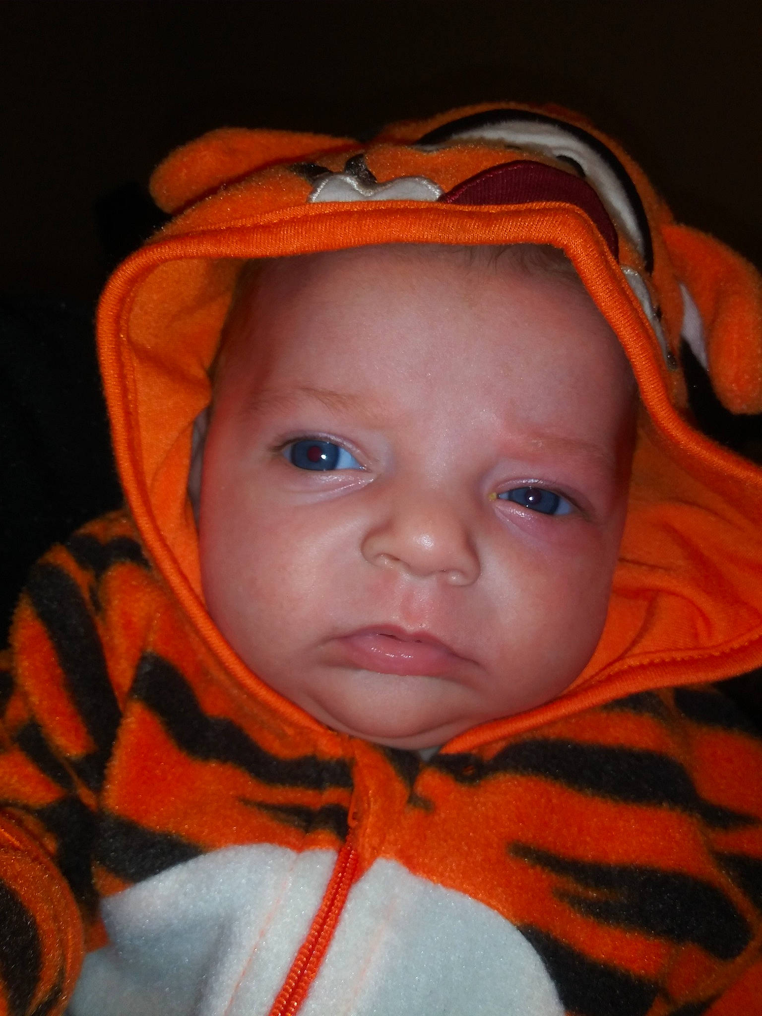 Ariella is registered to the contest to win money with this photo: baby, cheek, child, eye, face, head, headgear, lip, mouth, nose, orange, person, toddler