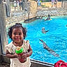 animal, aquarium, blue_water, child, curly_hair, daylight, glass, happy, outdoor, person, playful, red_backpack, rock_wall, sea_lion, sippy_cup, smiling, toddler, visitor, water, zoo