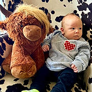 Jace is registered to the contest to win money with this photo: armchair, baby, cow_print, cozy, face, furniture, gray_sweater, heart_patch, highland_cow, indoor, infant, neon_socks, patterned_fabric, plush_toy, portrait, seated, socks, soft_toy, stuffed_animal, toy
