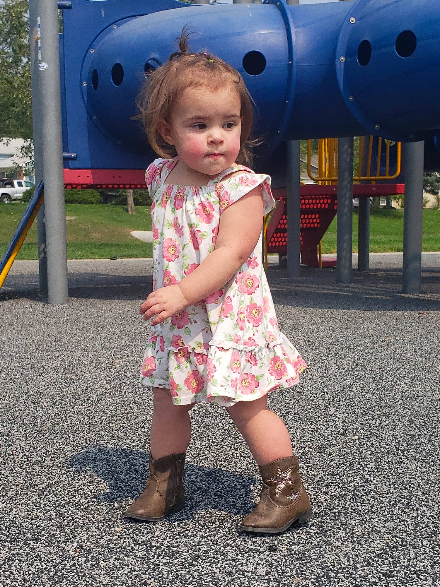 Jurnee joined the competition — help win amazing prizes! child, city, fun, human_settlement, leisure, outdoor_play_equipment, person, pink, play, playground, public_space, recreation, skin, smile, summer, toddler, vacation