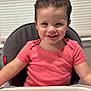 baby, background, child, cute, expression, face, hair, happy, high_chair, indoor, person, pink_shirt, portrait, seat, sitting, smiling, table, toddler, window_blinds, young_child