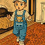 bear_hat, blue_clothing, carpet, cartoon_style, child, child_cartoon, couch, cute, doorway, drawing, furniture, illustration, indoor, overalls, patterned_rug, room, teddy_bear, wall, white_shoes, young_child