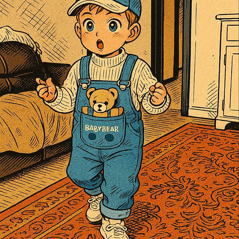 Amiro participe au concours pour gagner de l'argent avec cette photo : bear_hat, blue_clothing, carpet, cartoon_style, child, child_cartoon, couch, cute, doorway, drawing, furniture, illustration, indoor, overalls, patterned_rug, room, teddy_bear, wall, white_shoes, young_child