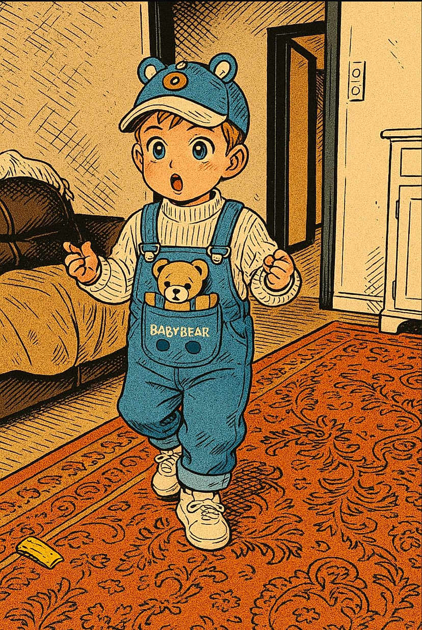 Amiro participe au concours pour gagner de l'argent avec cette photo : illustration, child_cartoon, bear_hat, overalls, teddy_bear, carpet, indoor, room, couch, doorway, child, blue_clothing, white_shoes, patterned_rug, wall, furniture, cartoon_style, drawing, cute, young_child