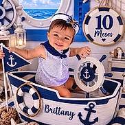 Brittany is registered to the contest to win money with this photo: baby, child, nautical, boat, smile, portrait, decor, starfish, rope, lifebuoy, clothing, hat, flag, indoor, window, blue, white, month_marker, happy, cute