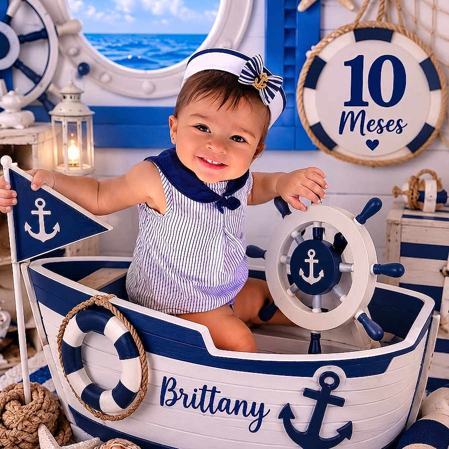 Brittany is registered to the contest to win money with this photo: baby, child, nautical, boat, smile, portrait, decor, starfish, rope, lifebuoy, clothing, hat, flag, indoor, window, blue, white, month_marker, happy, cute
