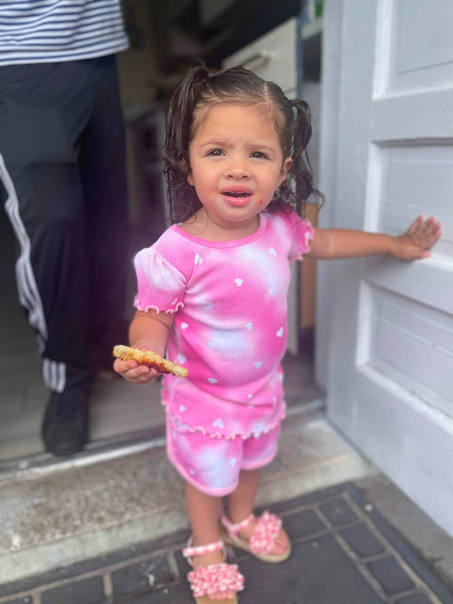 Annaleah is registered to the contest to win money with this photo: baby_toddler_clothing, beauty, child, door, eye, gesture, hair, happy, joint, leg, magenta, person, pink, purple, shoe, sleeve, smile, standing, toddler, waist
