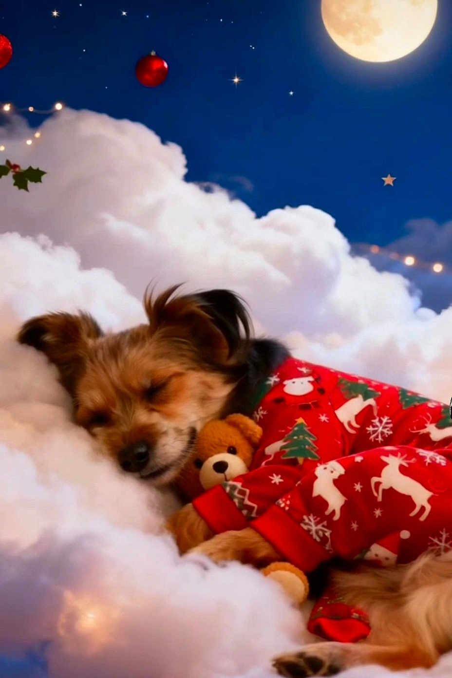 Andgel participe au concours pour gagner de l'argent avec cette photo : dog, sleeping, pajamas, teddy_bear, cloud, night_sky, moon, stars, christmas, holiday, cute, cozy, fur, animal, resting, pet, red_clothing, decorations, festive, soft