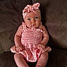 baby, infant, child, pink_clothing, headband, blue_eyes, sitting, couch, brown_furniture, indoors, cute, portrait, chubby_cheeks, fist, gazing, soft_lighting, plaid_pattern, young, person, cozy