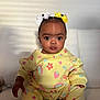 Nova is registered to the contest to win money with this photo: baby, child, infant, yellow_outfit, rainbow_pattern, strawberry_pattern, flower_pattern, hair_bows, white_bow, yellow_bow, sitting, couch, indoor, portrait, cute, wide_eyes, natural_light, soft_shadows, skin, person