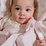 Ava is registered to the contest to win money with this photo: baby, infant, blanket, pink, face, eyes, hand, clothing, cute, child, soft, portrait, indoors, comfort, rest, newborn, person, sleepwear, fabric, warm