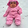 baby, child, snow, pink_snowsuit, hood, mittens, boots, smile, happy, outdoor, winter, cold, sitting, cute, infant, frozen, playful, snowy_ground, warm_clothing, portrait
