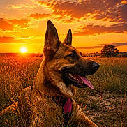 évy a rejoint le concours — aidez-le/la à gagner de superbes lots ! animal, canine, clouds, dog, ears, field, german_shepherd, golden_hour, grass, happy, landscape, muzzle, nature, outdoor, pet, relaxed, sky, sun, sunset, tongue_out