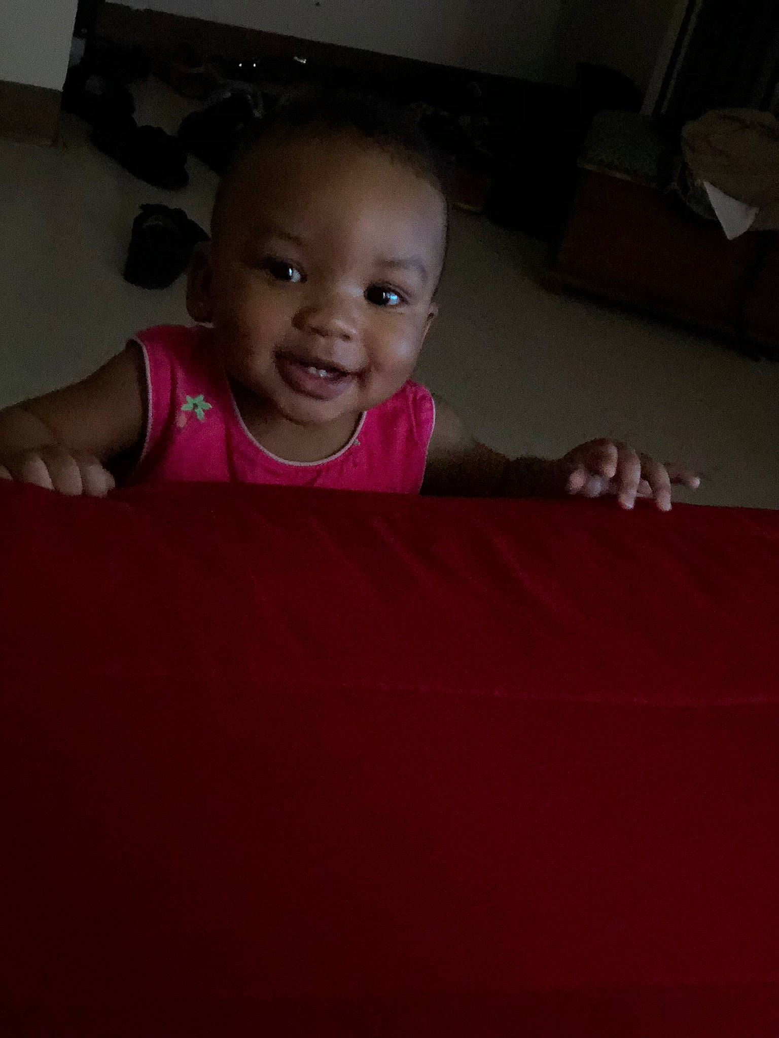 Traniyah joined the competition — help win amazing prizes! baby, cheek, child, eye, face, facial_expression, fun, furniture, happy, head, laugh, lip, mouth, person, pink, red, room, sitting, skin, smile