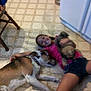 Sally joined the competition — help win amazing prizes! animal, casual, child, couch, dog, floor, food_bowl, friendship, happy, home, indoor, kitchen, laying_down, person, pet, pink_shirt, playing, shorts, smiling, tile_floor