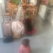 Keylah participe au concours pour gagner de l'argent avec cette photo : child, baby, kitchen, person, furniture, chair, table, suitcase, bag, plant, car_seat, wooden_cabinet, adult, floor, clothing, pink_sweater, white_pants, indoor, tile_floor, home