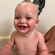 Bode joined the competition — help win amazing prizes! baby, toddler, bath, water, smile, happy, child, person, skin, hand, shampoo, hair, mohaawk, bathroom, towel, support, splash, cleaning, cute, fun