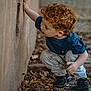 Kaïs participe au concours pour gagner de l'argent avec cette photo : child, toddler, curly_hair, blue_shirt, light_pants, black_shoes, crouching, wall, dry_leaves, outdoor, nature, exploring, side_view, person, young_child, curiosity, ground, stone_path, daylight, casual_clothing
