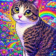 Papi Chulo is registered to the contest to win money with this photo: cat, illustration, psychedelic, colorful, rainbow, stars, hearts, butterflies, flowers, smiling_faces, fantasy, whimsical, cute, animal, pattern, bright_colors, art, cartoon, fantastical, happy