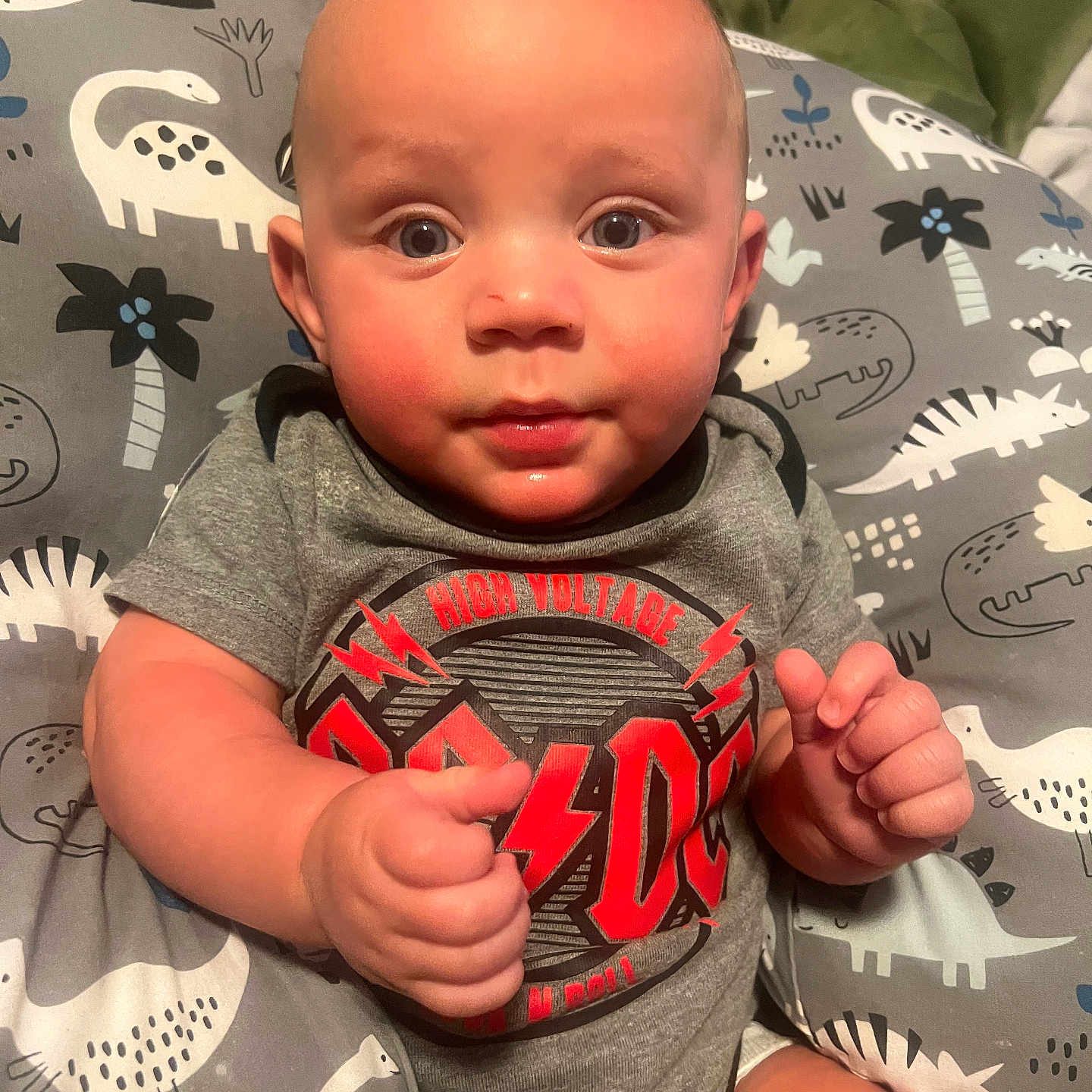 Mythiyus is registered to the contest to win money with this photo: acdc, baby, child, chubby_cheeks, cushion, cute, dinosaur_pattern, expression, eyes, face, furniture, gray_clothing, hand, head, indoor, infant, onesie, portrait, sitting, skin