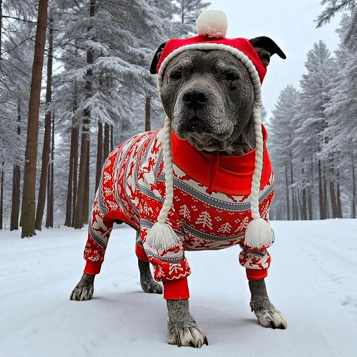 Nala is registered to the contest to win money with this photo: animal, canine, cold_weather, dog, festive, forest, hat, holiday, nature, outdoor, pet, portrait, red, snow, sweater, trees, walking, white, winter, winter_clothing