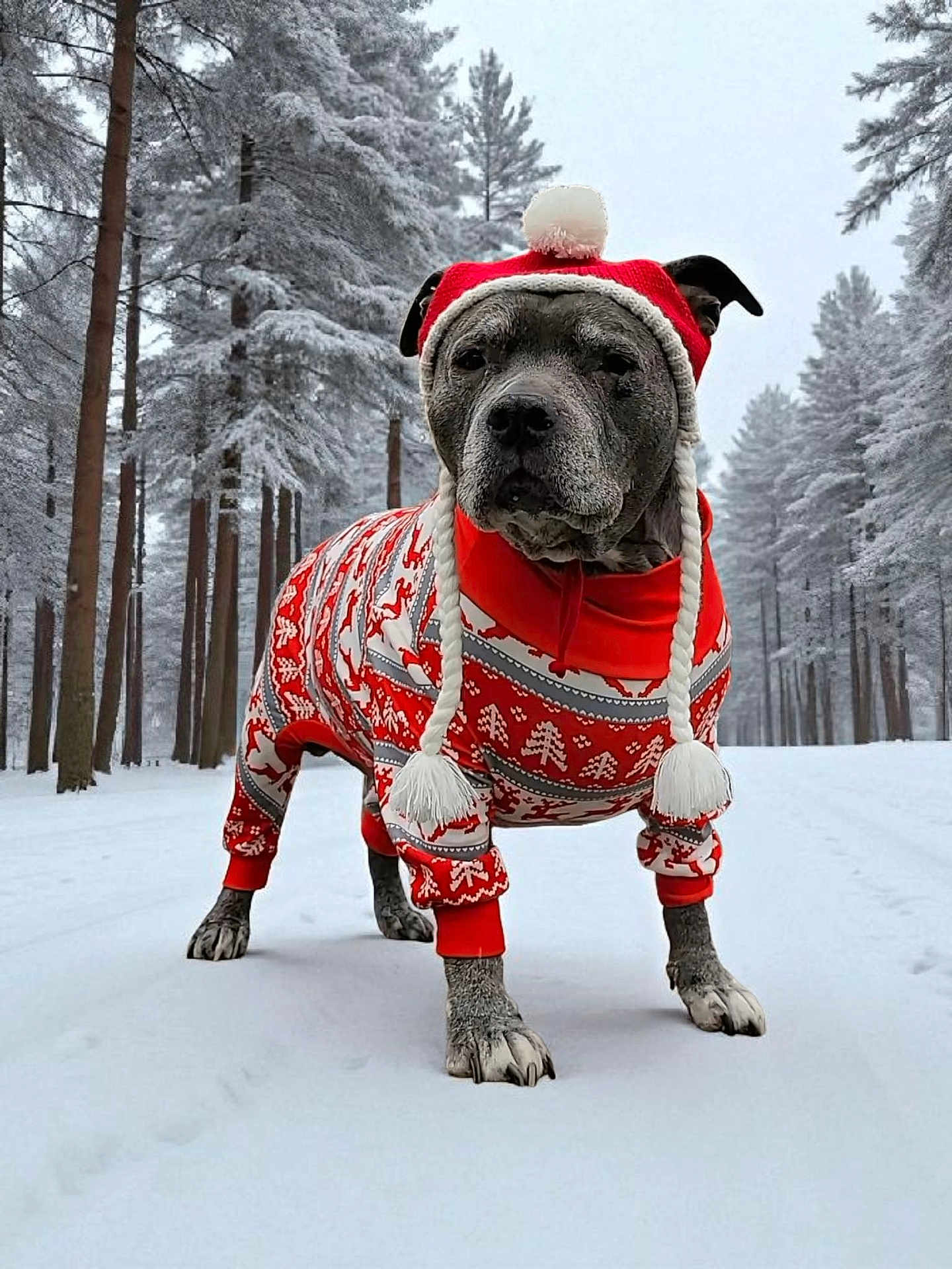 Nala is registered to the contest to win money with this photo: dog, winter_clothing, hat, sweater, snow, forest, trees, outdoor, canine, pet, cold_weather, animal, walking, nature, winter, holiday, festive, red, white, portrait