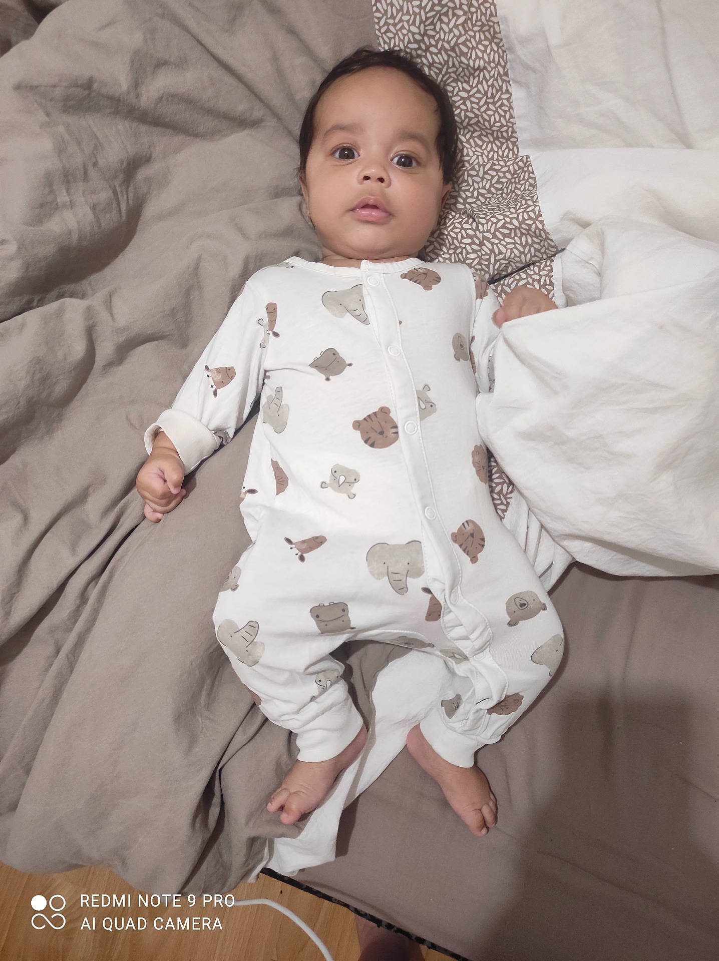 Janaël participe au concours pour gagner de l'argent avec cette photo : animal_print, baby, bed, bedding, child, curious, cute, face, foot, hand, indoors, infant, looking, lying_down, onesie, person, pillow, sheet, sleepwear, young