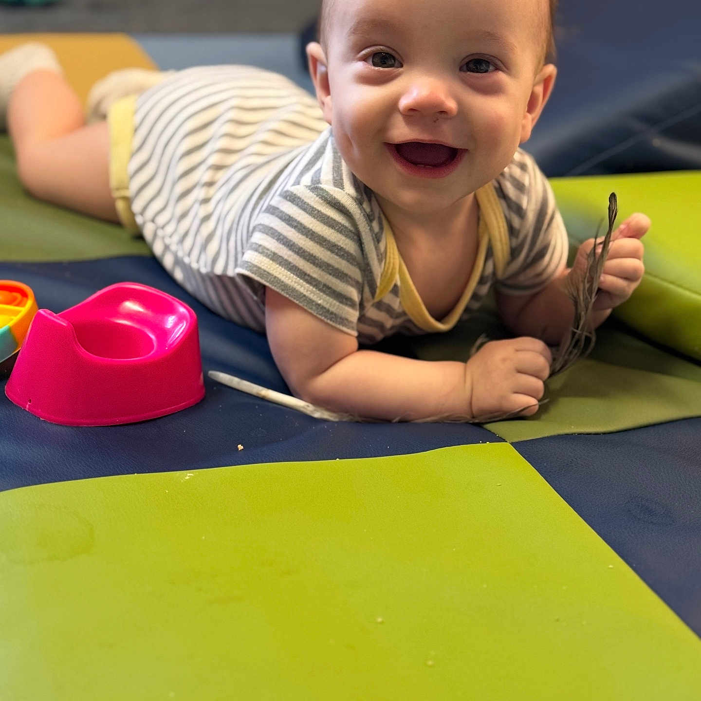 Mason joined the competition — help win amazing prizes! arm, baby, babylaughing, bodypart, crawling, face, finger, hand, happy, head, indoors, laughing, mat, outdoorplayarea, outdoors, person, photography, playarea, portrait, smile