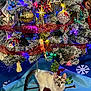 animal, cat, celebration, christmas_tree, colorful, curious, decorations, festive, festive_decor, holiday, holiday_lights, indoor, ornaments, pet, pine_branches, ribbon, seasonal, striped_tail, tree_skirt, white_cat