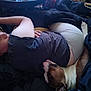 Rover joined the competition — help win amazing prizes! person, dog, bed, blanket, indoor, resting, sleeping, cozy, casual_clothing, tattoo, lying_down, pet, companion, relaxation, comfort, close_contact, nap, home, furniture, intimacy