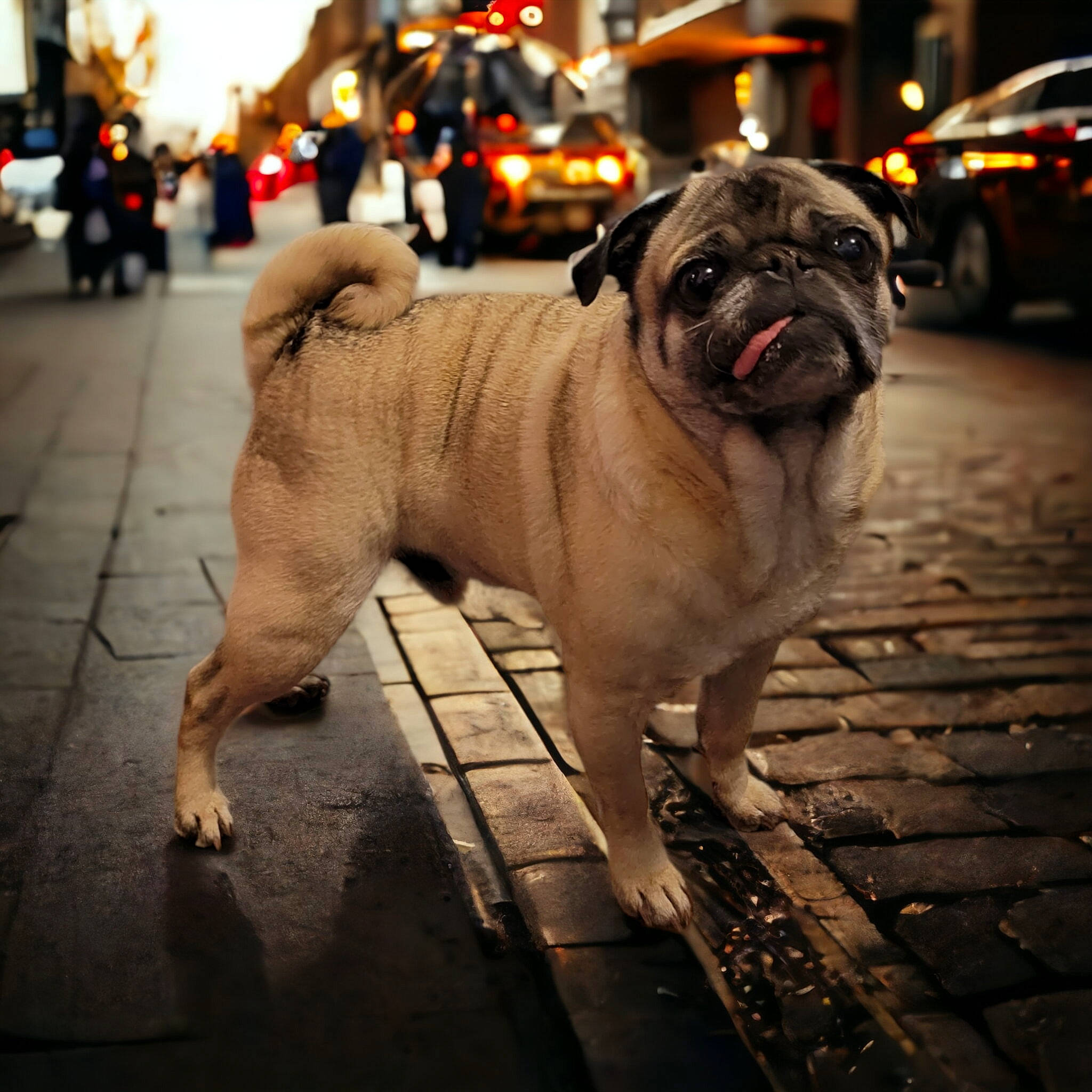 Oliver joined the competition — help win amazing prizes! carnivore, city, collar, companion_dog, dog, dog_breed, dog_collar, fawn, flooring, leash, light, plant, pug, road, road_surface, sky, snout, street, toy_dog, wrinkle