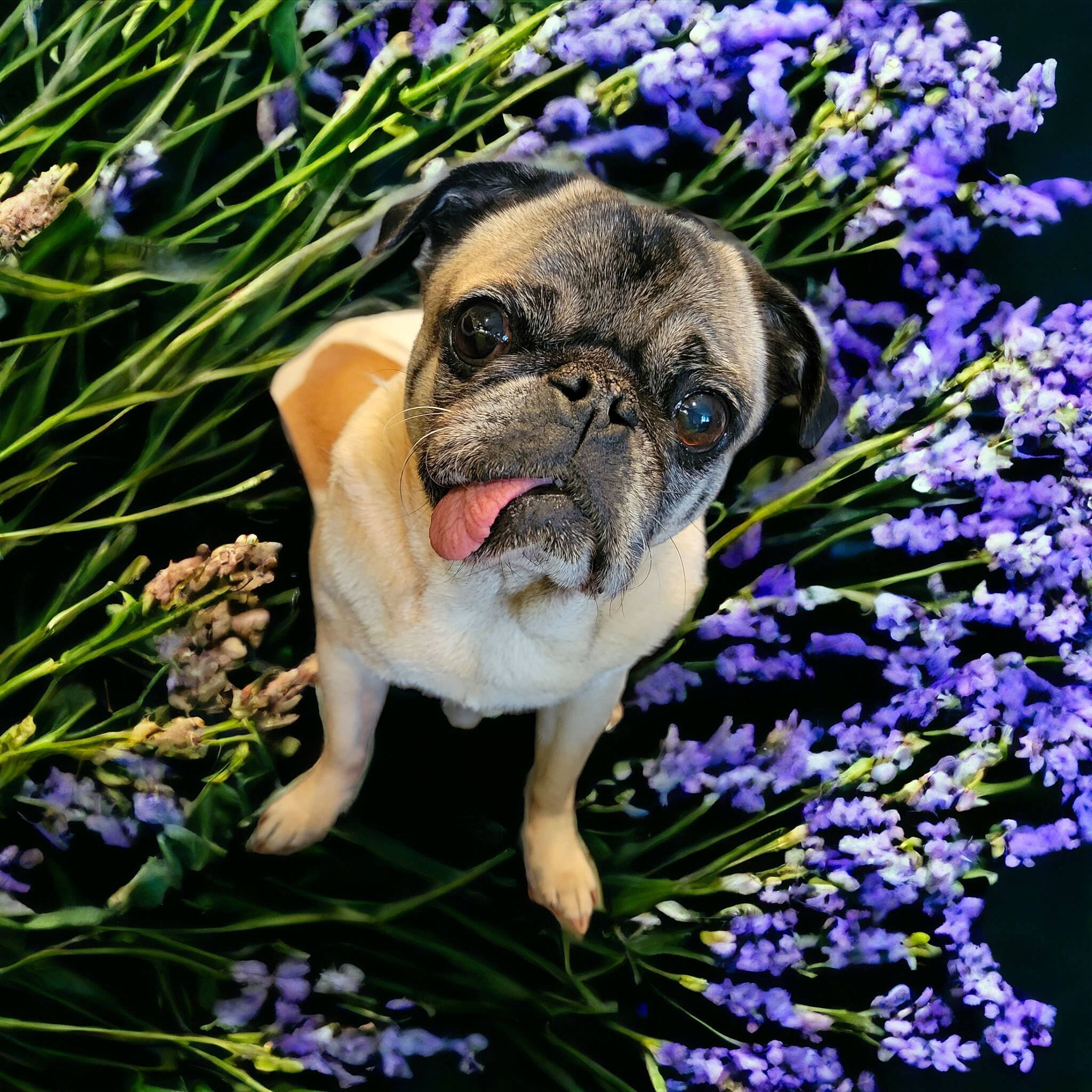 Oliver is registered to the contest to win money with this photo: annual_plant, blue, botany, carnivore, companion_dog, dog, dog_breed, fawn, flower, flowering_plant, garden, grass, groundcover, iris, petal, plant, pug, purple, spring, wrinkle