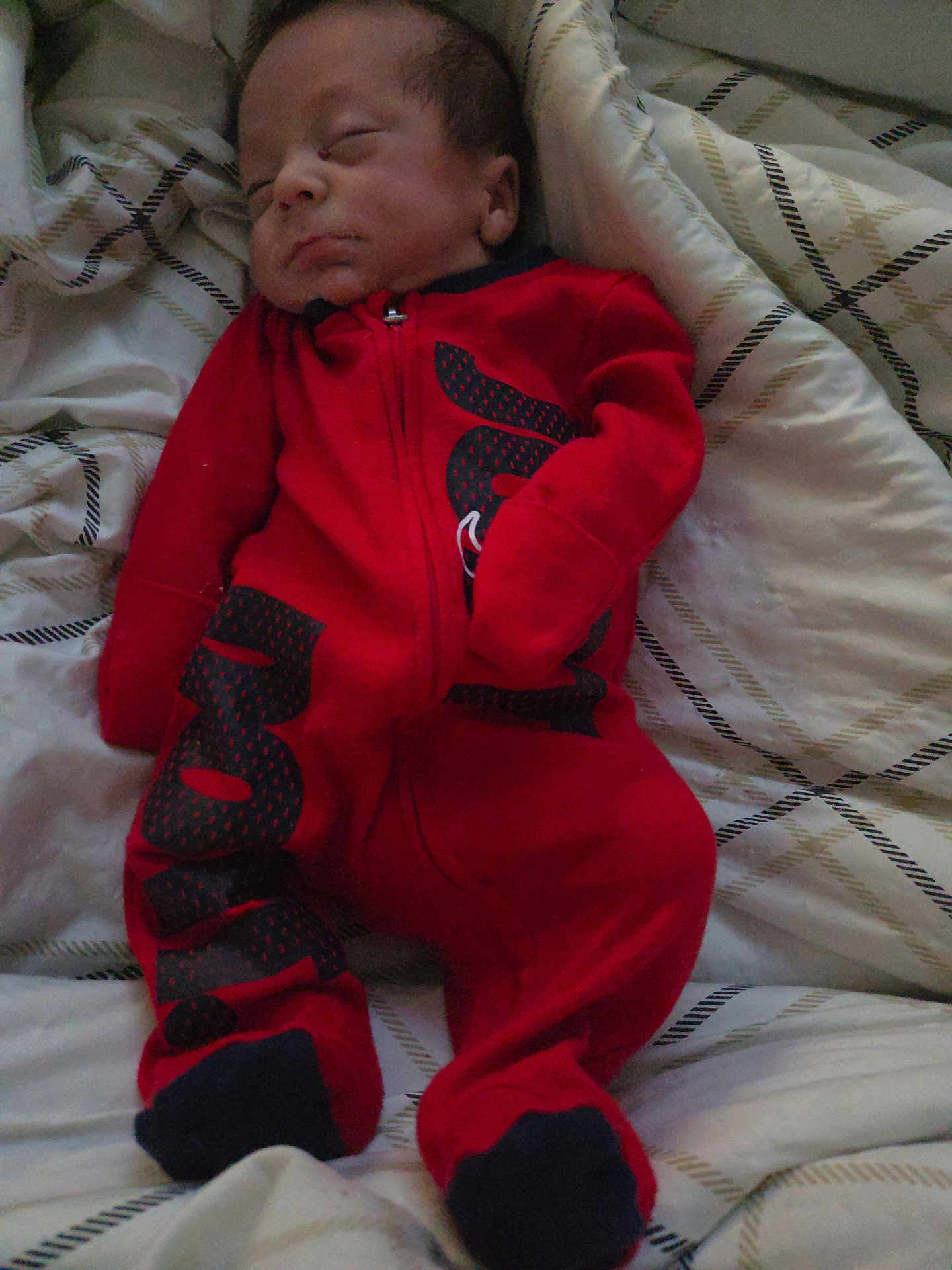 Areis joined the competition — help win amazing prizes! baby, sleeping, red_clothing, onesie, blanket, patterned_blanket, infant, face, feet, hands, indoors, cozy, cute, rest, child, portrait, soft_light, young_child, wearing_clothes, relaxation