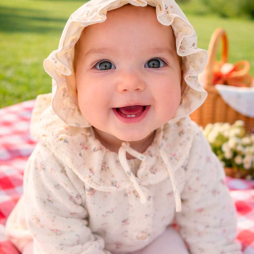 Loudjayn a rejoint le concours — aidez-le/la à gagner de superbes lots ! baby, smiling, hat, bonnet, outdoor, picnic, blanket, flowers, basket, child, cute, happy, grass, nature, sunny, portrait, sitting, clothing, face, infant